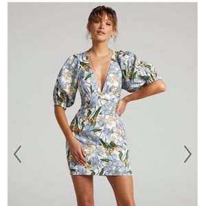AMALIE THE LABEL Linen Puff Sleeve Open Back Bodycon Mini Dress